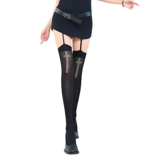 Black Rhinestone Cross Stockings — VELLISSE