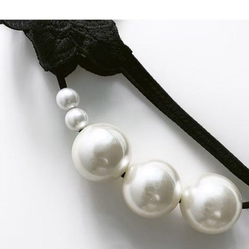 Black Lace Pearl Flower Thong — VELLISSE