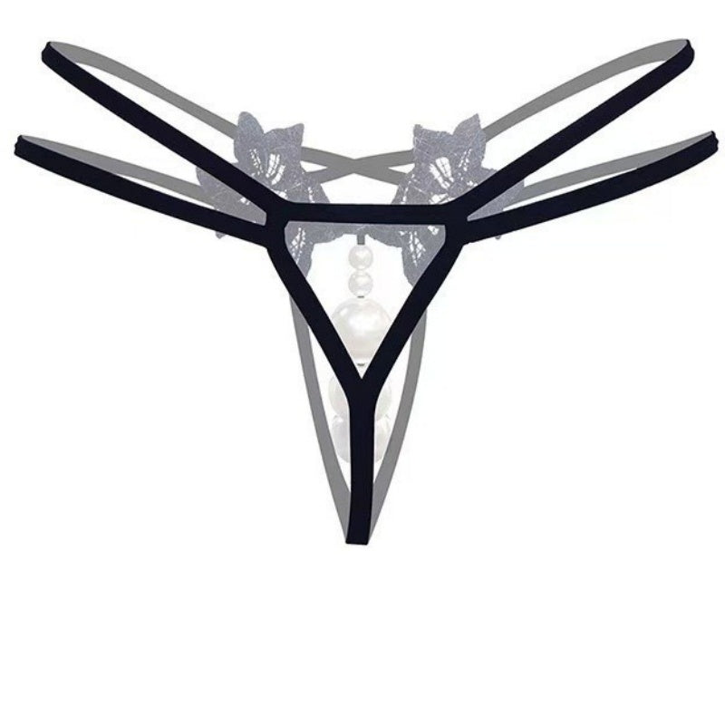 Black Lace Pearl Flower Thong — VELLISSE