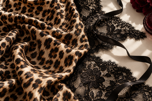 Leopard-print fabric with black lace and ribbon on an ivory background, editorial illustration