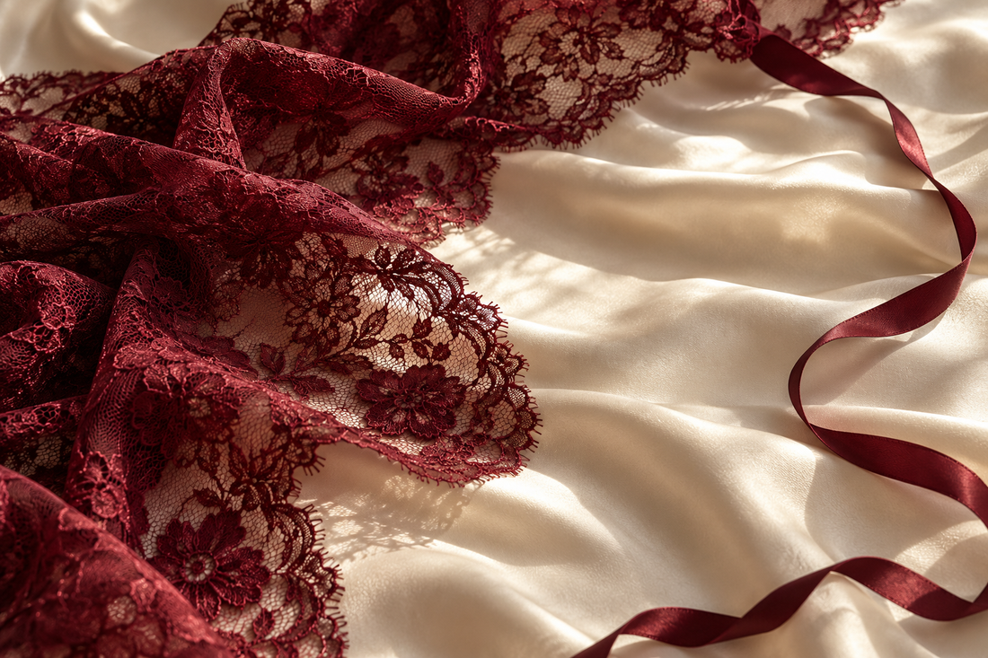 Burgundy lace and ribbon on ivory fabric, an editorial illustration of the VELLISSE aesthetic