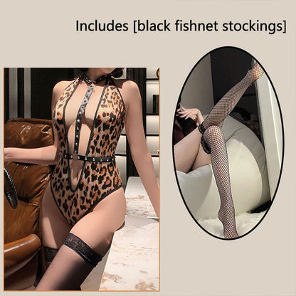 Studded Leopard Cutout Bodysuit Lingerie Set — VELLISSE