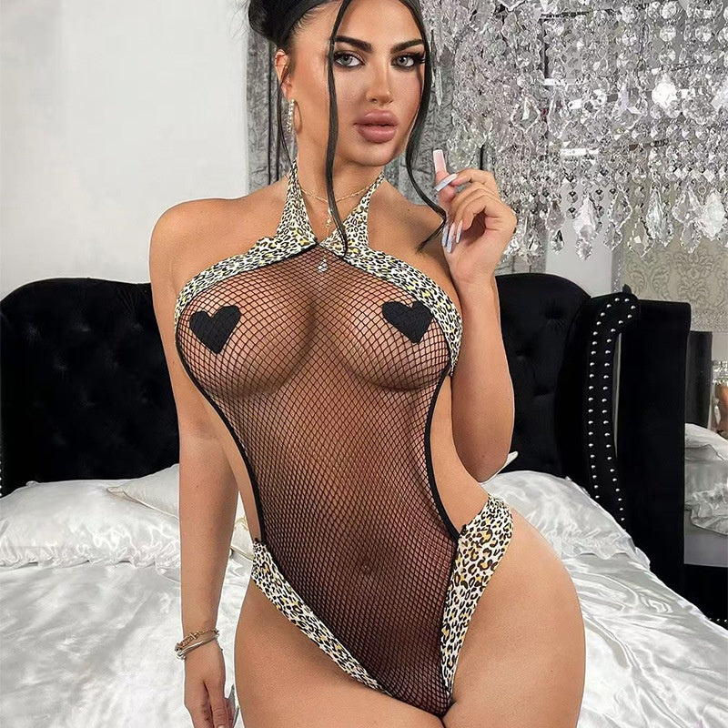 Animal-Print Trim Fishnet Bodysuit — VELLISSE
