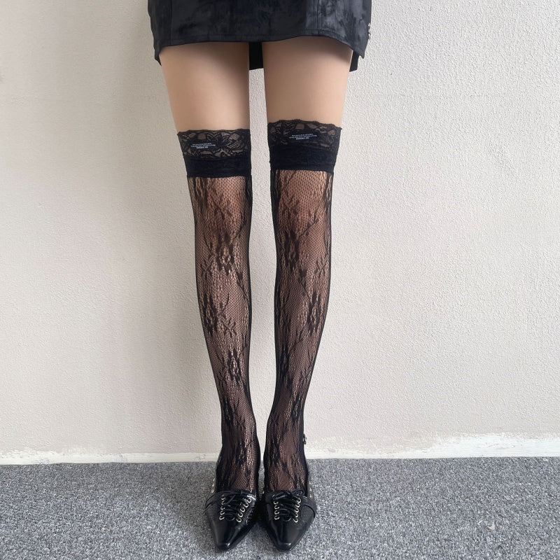 Black Lace Patterned Thigh-High Stockings — VELLISSE