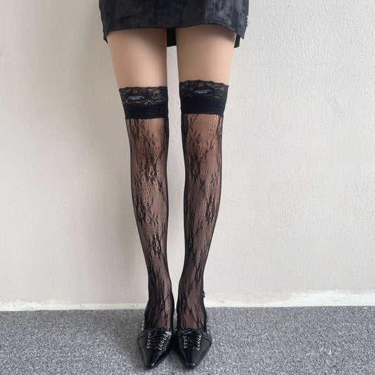 Black Lace Patterned Thigh-High Stockings — VELLISSE