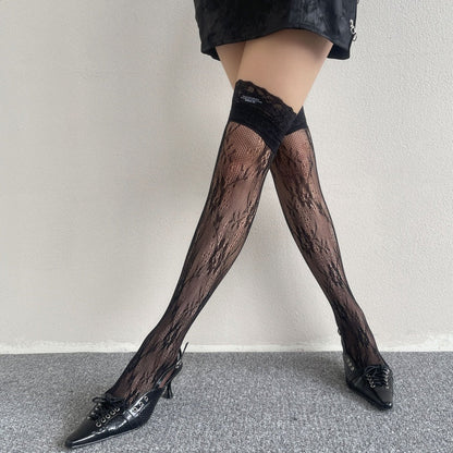 Black Lace Patterned Thigh-High Stockings — VELLISSE