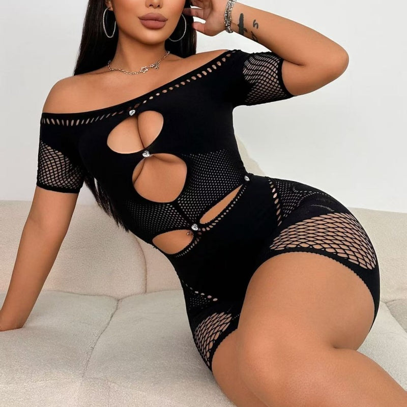 Off-Shoulder Cut-Out Mesh Romper — VELLISSE