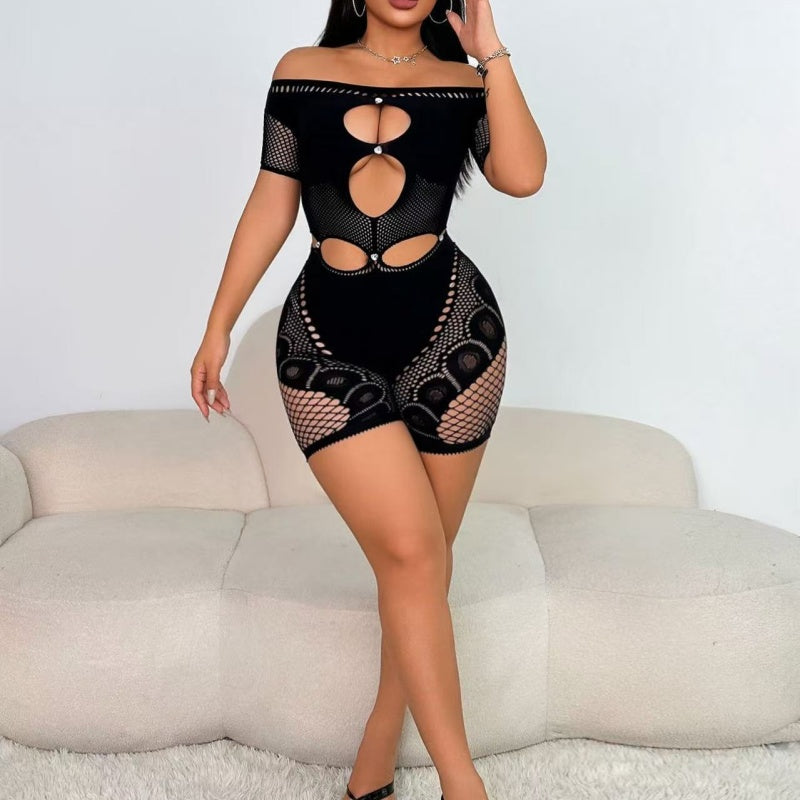 Off-Shoulder Cut-Out Mesh Romper — VELLISSE