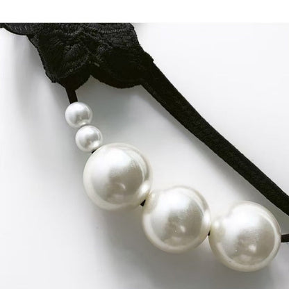 Black Lace Pearl Flower Thong — VELLISSE