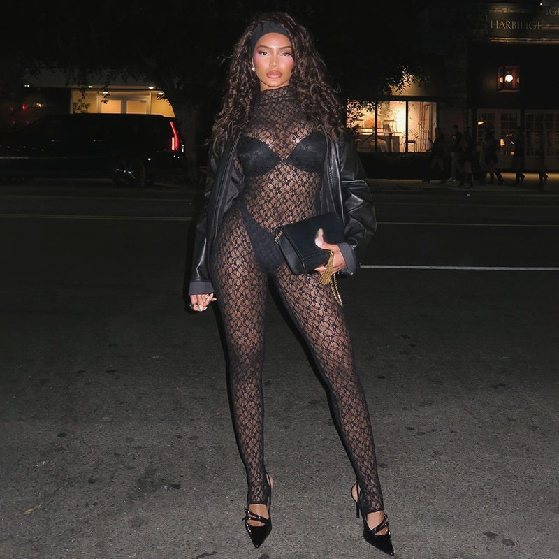 Black Floral Lace Full Body Catsuit — VELLISSE