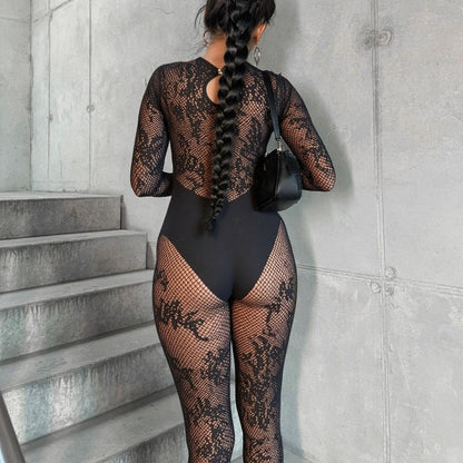 Black Lace Mesh Long Sleeve Bodysuit — VELLISSE