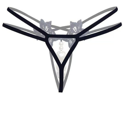 Black Lace Pearl Flower Thong — VELLISSE