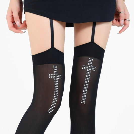 Black Rhinestone Cross Stockings — VELLISSE