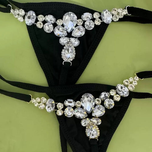 Black Rhinestone-Detail Thong — VELLISSE