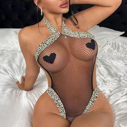 Animal-Print Trim Fishnet Bodysuit — VELLISSE