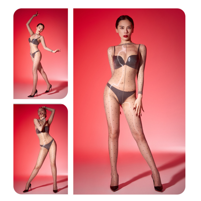 Black Polka Dot Sheer Bodysuit Stockings — VELLISSE