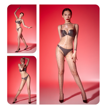 Black Polka Dot Sheer Bodysuit Stockings — VELLISSE